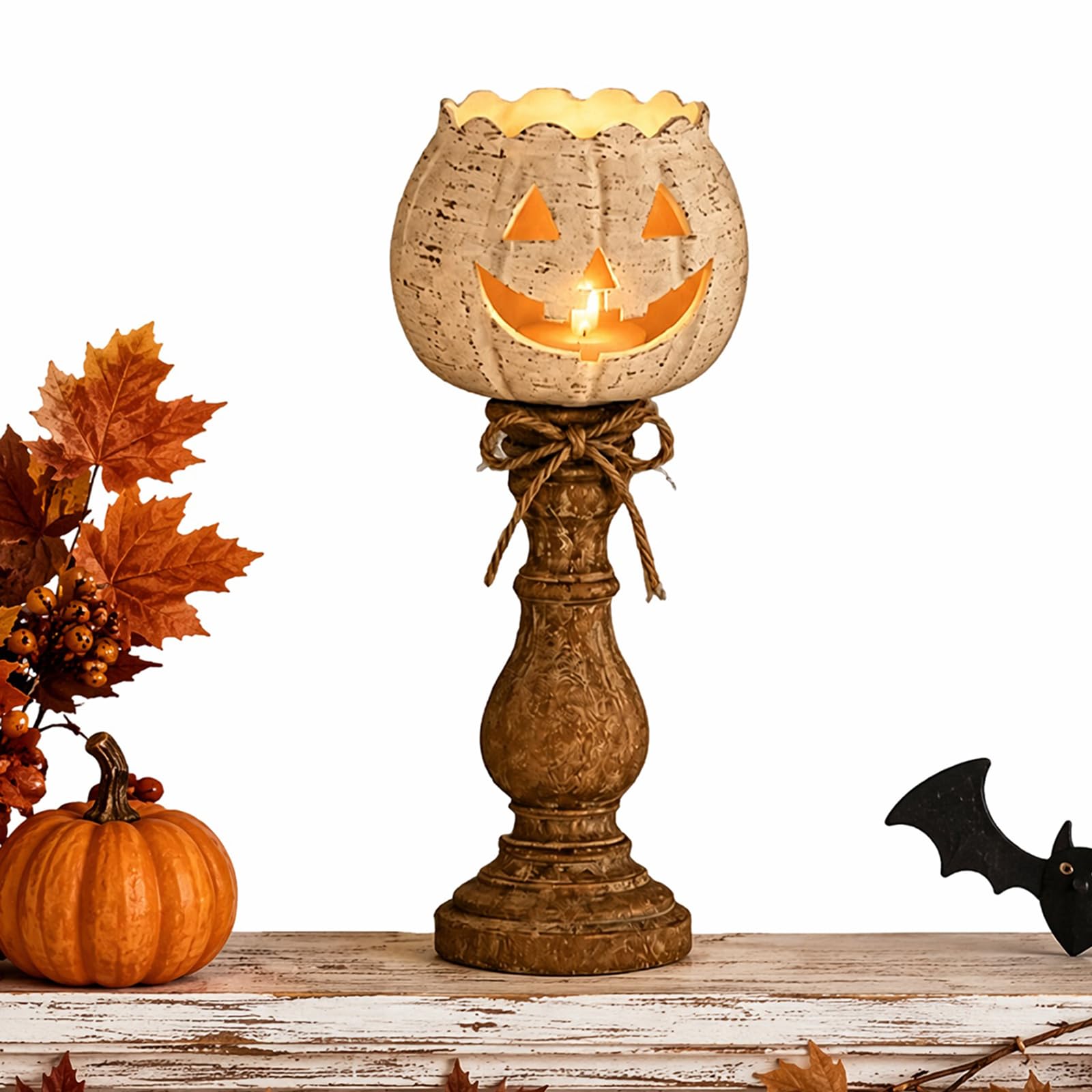 White Pumpkin Tealight Candle Holder, Halloween Jack-o'-Lantern Stand
