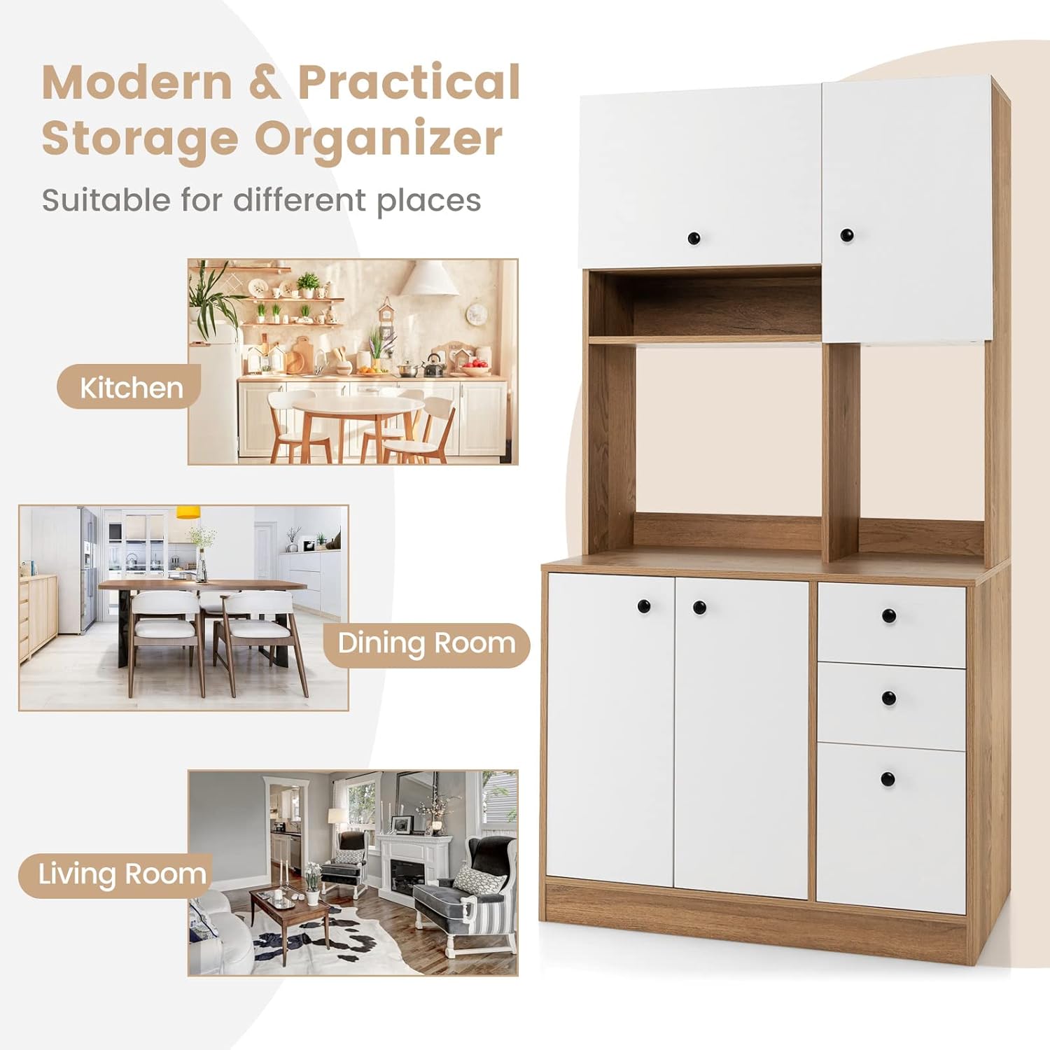 Freestanding Kitchen Buffet with Hutch, Kitchen Pantry Storage Cabinet w/ 2 Adjustable Shelves, 3 Deep Drawers & 4 Doors, Buffet Hutch Cupboard for Living Room, Dining Room, White & Natural (White)