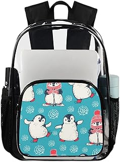 Mochila transparente com estampa de desenho animado pinguins, mochila transparente impermeável Happy Penguin mochila transparente de PVC com alça de ombro reforçada para escola, trabalho, viagens, Multicor