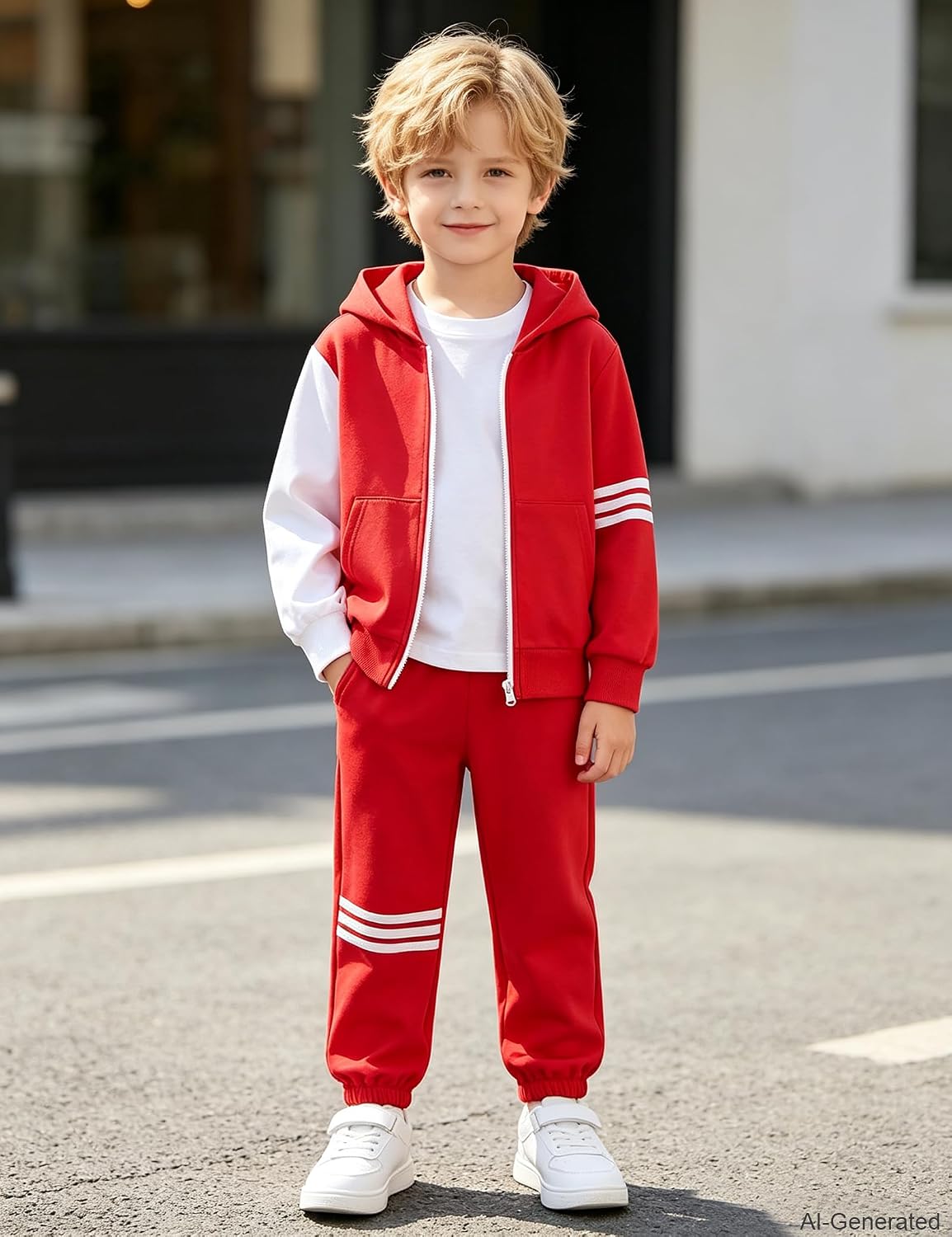 Boy's Pants Set - 2 Piece Fall Outfits ColorBlock Long Sleeve Zipper Hooded and Pants Casual Clothes 6-16 Years