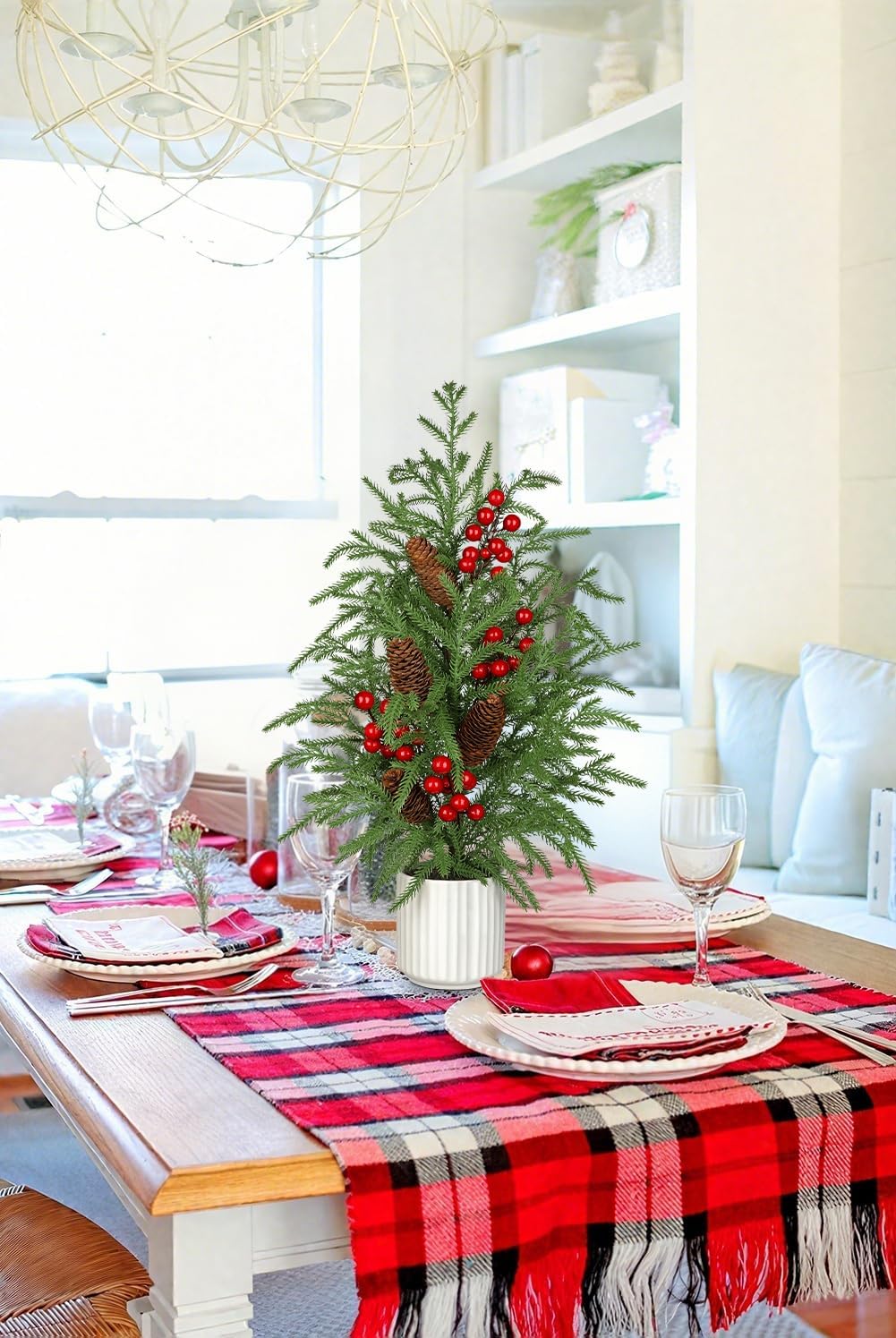 2 FT Artificial Norfolk Pine Tree, 24 inch Small Tabletop Christmas Tree Potted Christmas Trees Faux Pine Trees in Ceramic Pot Xmas Centerpiece Table Decorations for Indoor Outdoor Porch Dinner Table