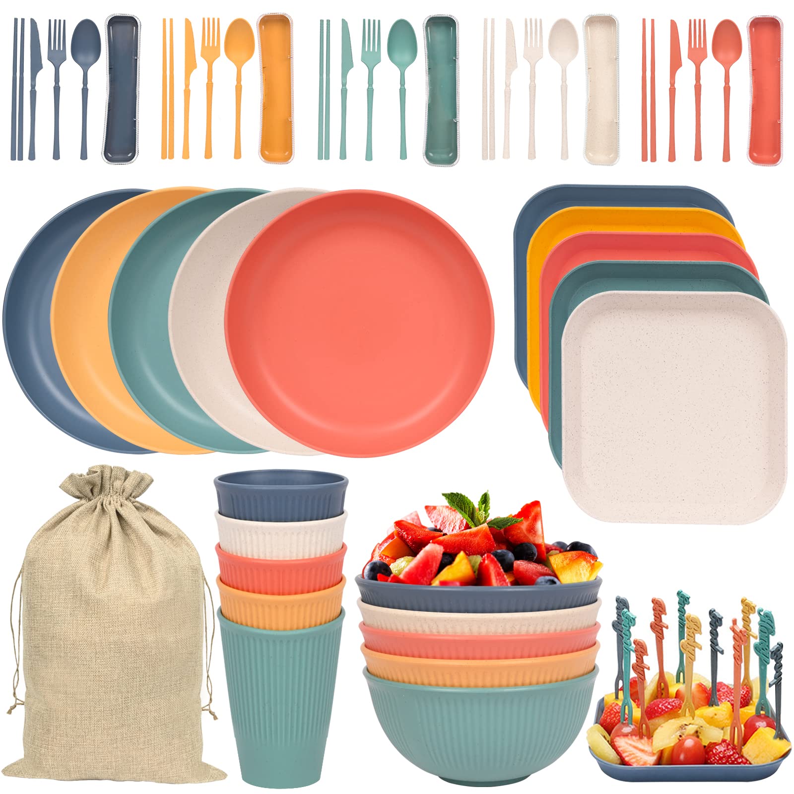 Stoviglie da Campeggio, Piatti e Posate Kit 58 Pezzi con Borsa Portatile, Piatti, Ciotole Tazze Forchette Cucchiai, per Picnic, Feste, Barbecue, Campeggio, Adatto per 5 Persone