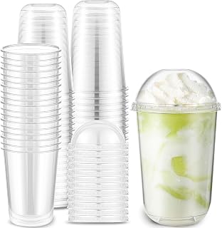 50 Set Clear Plastic Cups with Dome Lids Disposable Pet U Shaped Togo Cups 16 oz Round Bottom for Snack Cold Drink Juice Cocktail Ice Cream Tea Smoothie Milkshake Wedding Birthday Party Catering