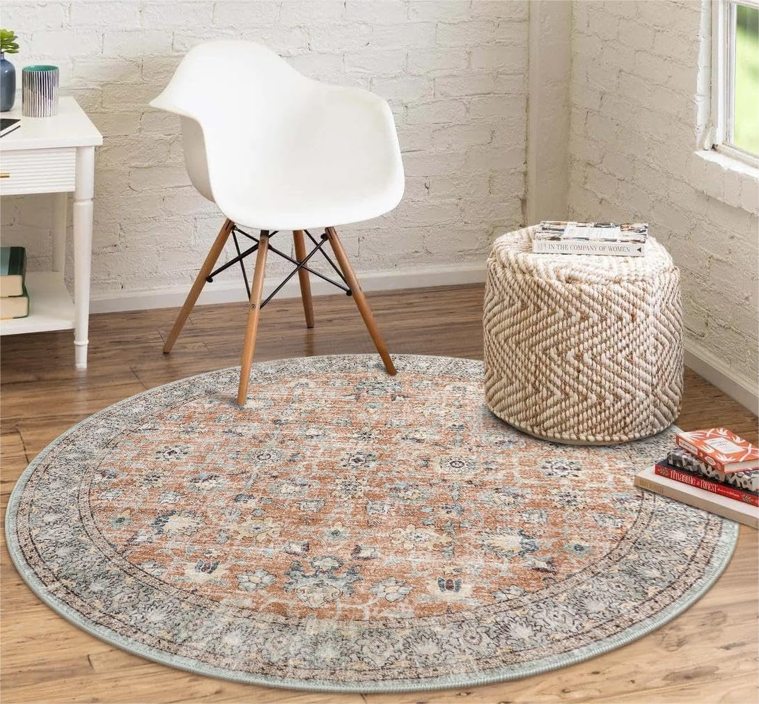LIVEBOX Washable Area Rug 4ft Boho Round Rug Traditional Rug for Bedroom, Ultra-Thin Retro Carpet Terracotta Print Distressed Accent Circle Rug for Nursery Room Entryway Foyer