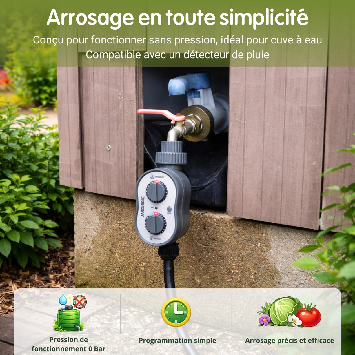 Jardibric - Programmateur d’Arrosage sans Pression 0 Bar 1 Voie - 110 Programmes - Durée 1 Min à 2 h - Fréquence 1 h à 7 Jours - Compatible Réserve d’Eau et Détecteur de Pluie (Option)