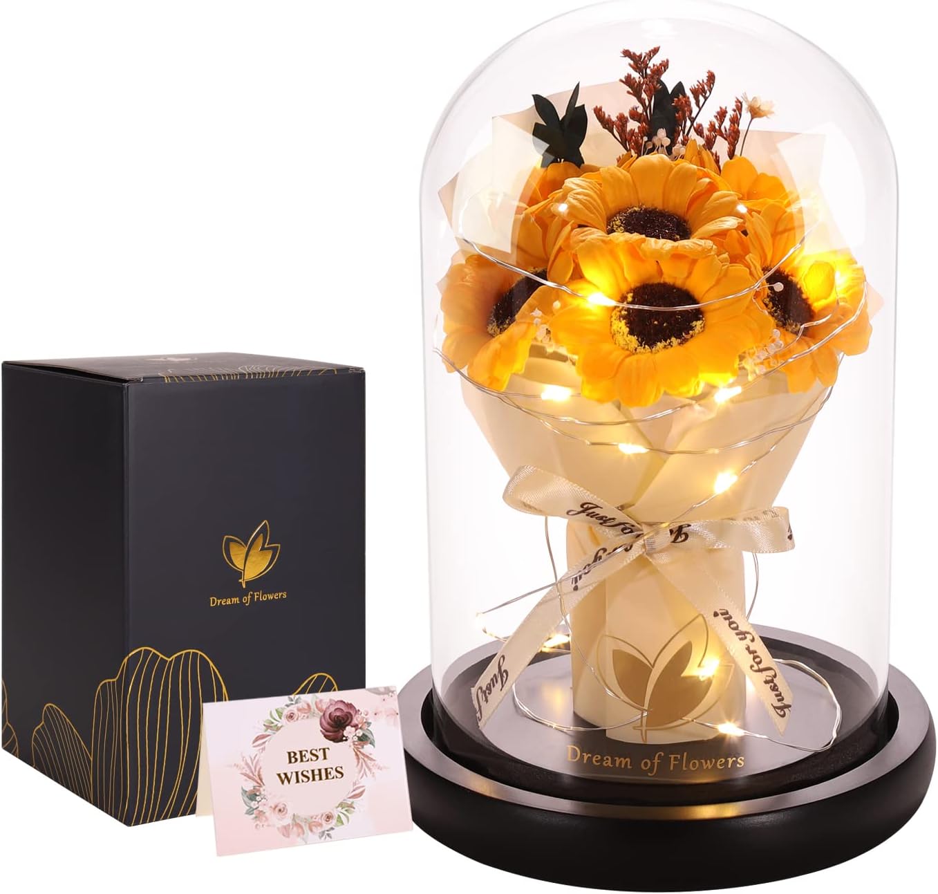 Valentines Day Gifts, Sunflower Gift for Mom-Preserved Artificial Rose Flower Gifts for Women Friends Sunflower Gifts for Her,Light Up Rose in Glass Dome-Thankgiving Birthday Valentine Anniversary