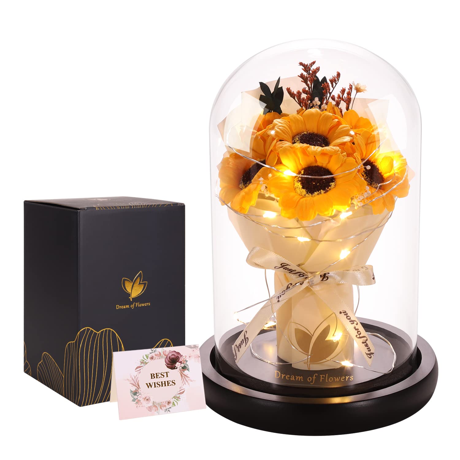 Rose Gift for Mom, Sunflower Gift for Mom-Preserved Artificial Rose Flower Gifts for Women Friends Sunflower Gifts for Wife,Light Up Rose in Glass Dome-Thankgiving Birthday Valentine Anniversary