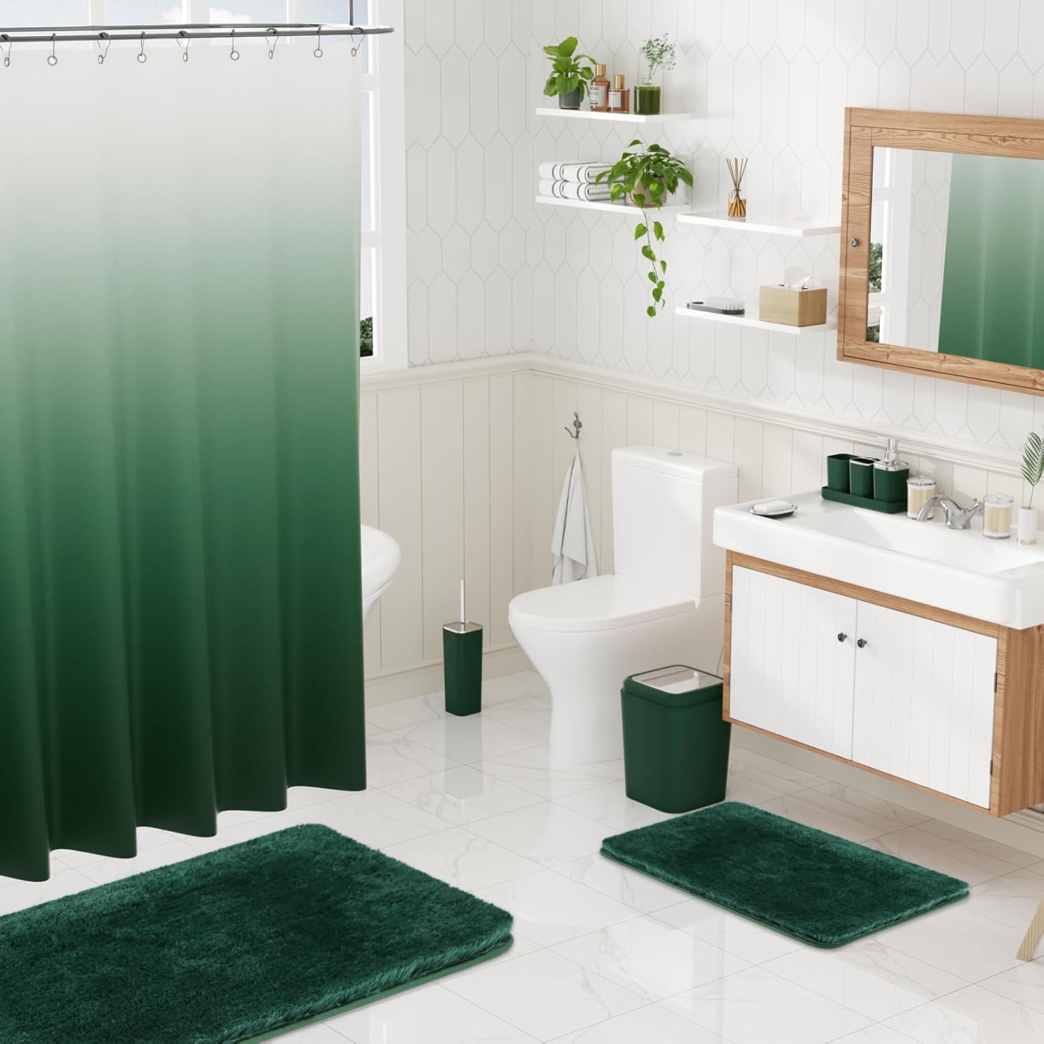 Dark Green Bathroom Accessories Set with Shower Curtain and No-Slip Bath Rugs,24PC Bath Sets with Trash Can, Toothbrush Holder, Cup, Soap Dispenser, Tray, Soap Dish, Toilet Brush, Qtip Holders