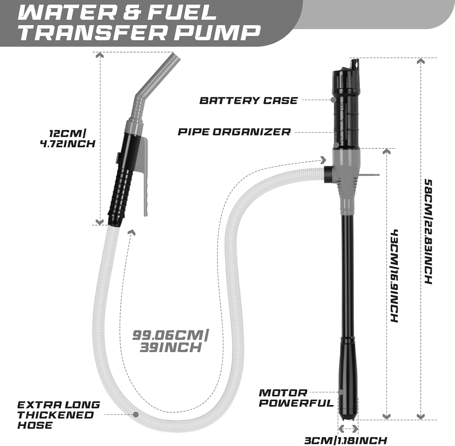 Portable Transfer Pump Battery Operated Electric Siphon Pump for Gas, Fuel, Diesel, Water Transfer 2.4 GPM Flow Oil Extractor, 47 Inches Hose-Easy to Use Hand Fuel Pump, Multi-Use Transfer Pump(Grey)