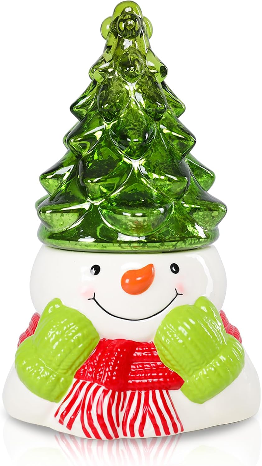 Small Ceramic Christmas Tree Hand-Painted Vintage Tabletop Christmas Tree Holiday Decoration with Multi-Color Lights Green Xmas Trees Snowmen 8.75inch