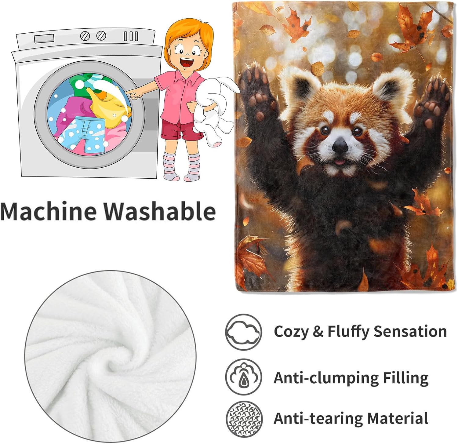 Red Panda Blanket Cute Autumn Leaves Fall Throw Blankets,Birthday Gifts for Kids Adult & Wildlife Fans,Lightweight Soft Fleece with Animal Lovers,for Sofa Couch Bed Room Decor 50x60in - Image 4