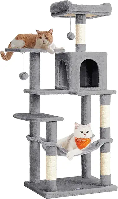 FEANDREA Scratching Post with Hammock, Light Grey Cat Tree, 143 cm