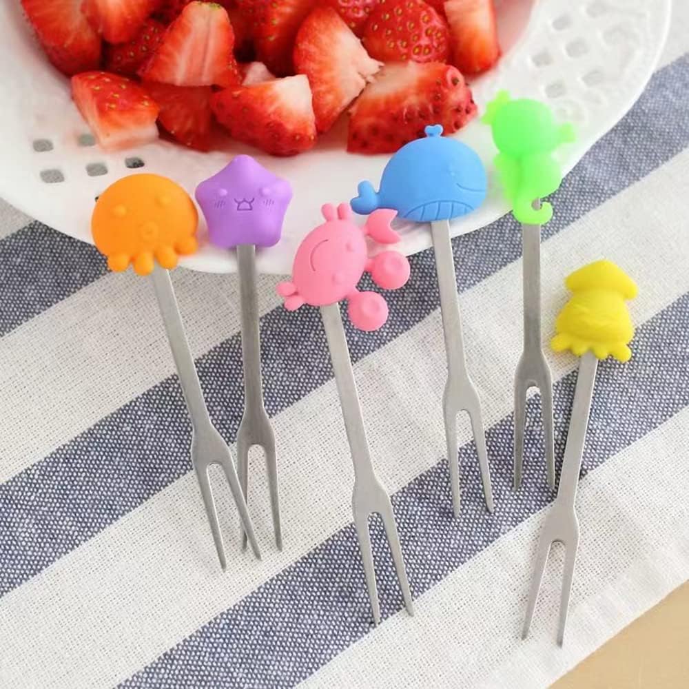 Fruit Forks Dessert Forks Salad Forks Food Picks Repeated Use of Decorate Cute Creative 10 Different Stainless Steel Fruit forks and 1 ceramics Holder (Marine animals)