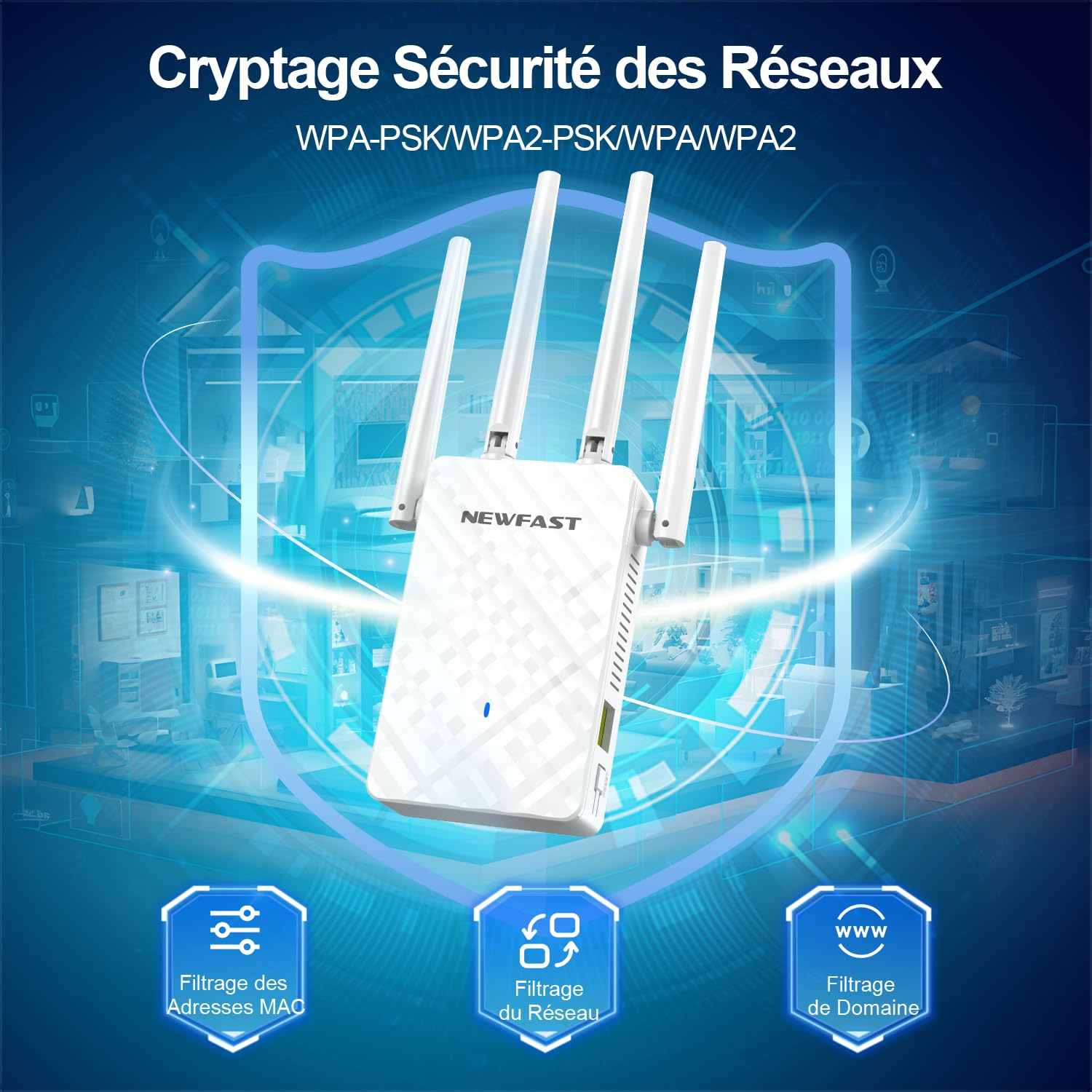 NEWFAST Répéteur WiFi Puissant N300Mbps NF-RE516, 2.4GHz Amplificateur WiFi Puissant avec WPS, Repetiteur WiFi sans Fil Compatible avec Toutes Les Box Internet, 4 Antennes, 3 Mode