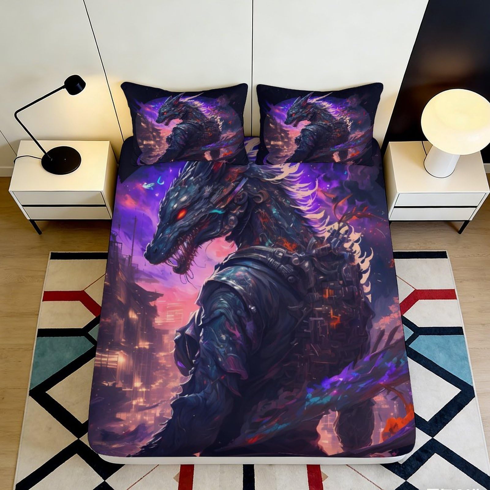 Uxinyoume Style-5 3D Printed Dark Dragon Fitted Sheet Microfiber Soft Purple Fire Bed Cover Non-Slip Washable Decor For Bedroom Guestroom 90X200x25cm