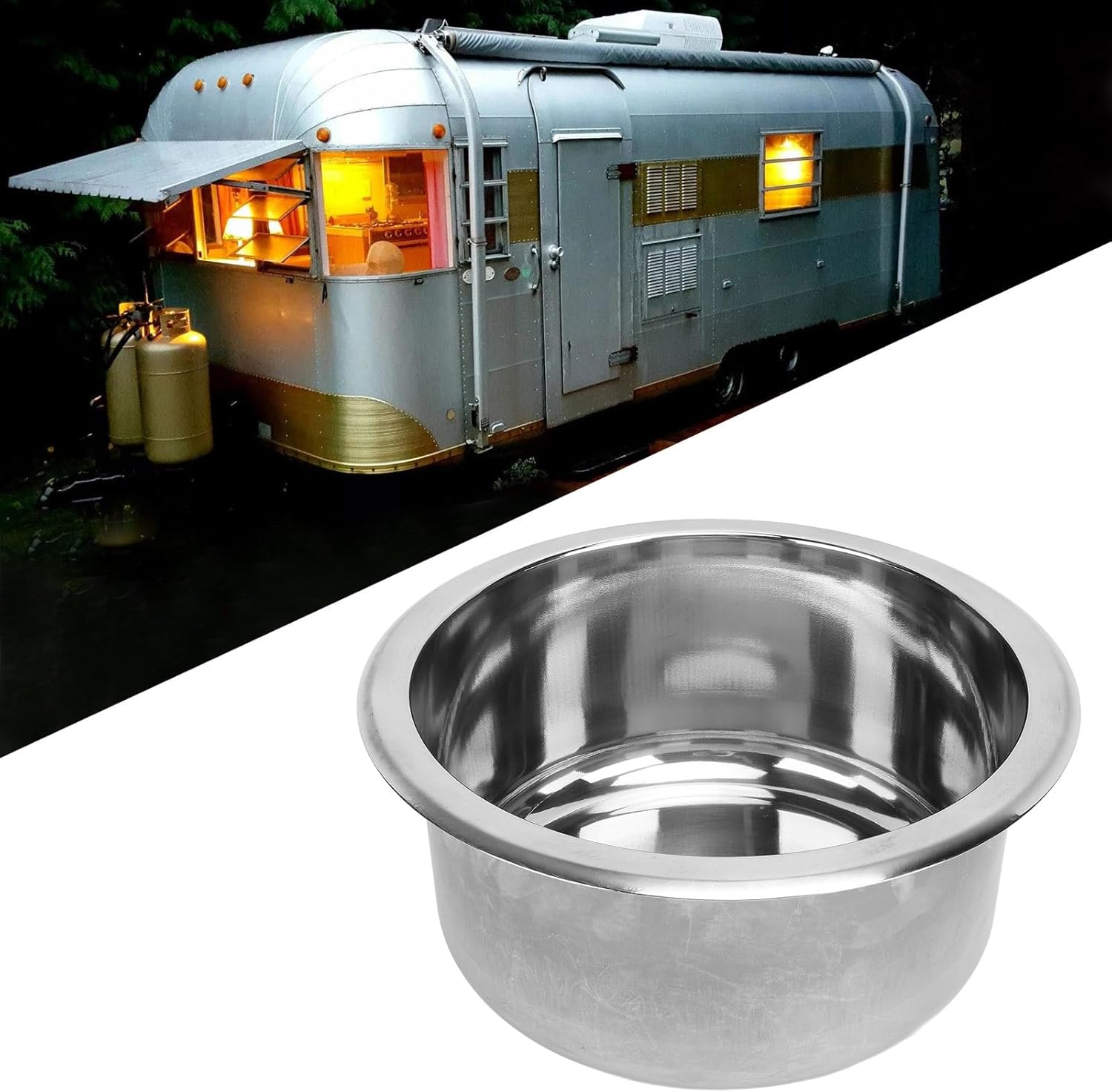 Round RV Sink, 304 Stainless Steel 9 Inch Kitchen Wash Basin with 40mm Drain Hole for Caravan Motorhome Boat Camping