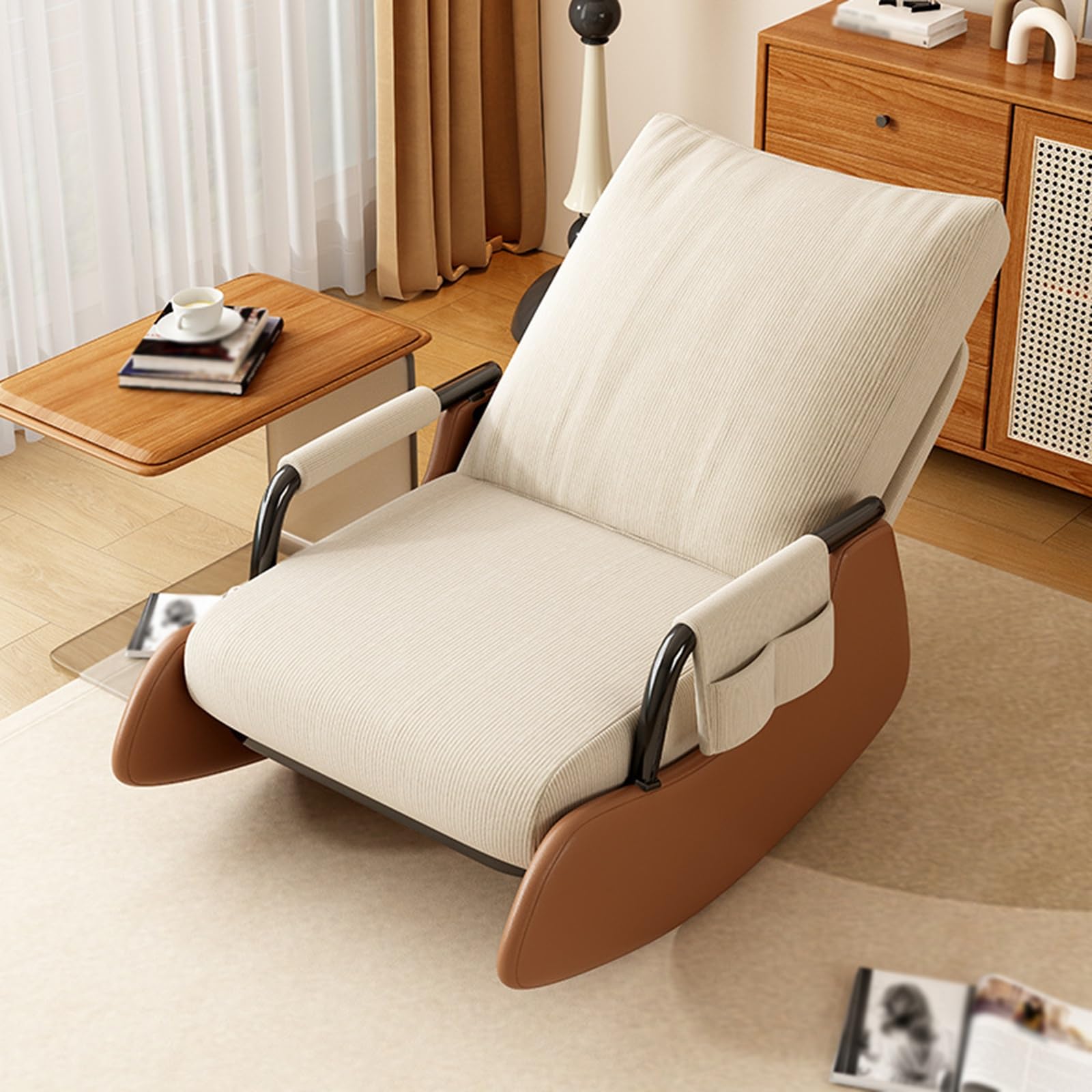 Mecedora de lactancia con reposapiés plegable y bolsillo lateral, sillón ajustable con respaldo alto para un fácil montaje en la sala de estar