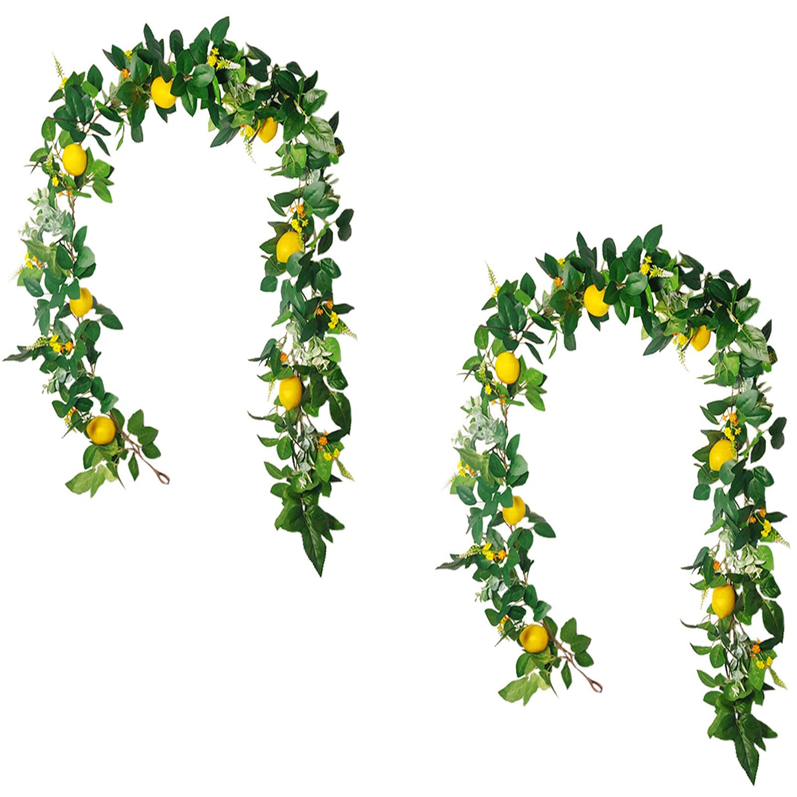 2 Pcs Artificial Lemon Greenery Garlands 73 Inch Faux Spring Summer Lemon Fruits Garland with Flowers Fake Lemons Vines Eucalyptus Garland Wreaths for Wall Door Kitchen Home Wedding Table Decor