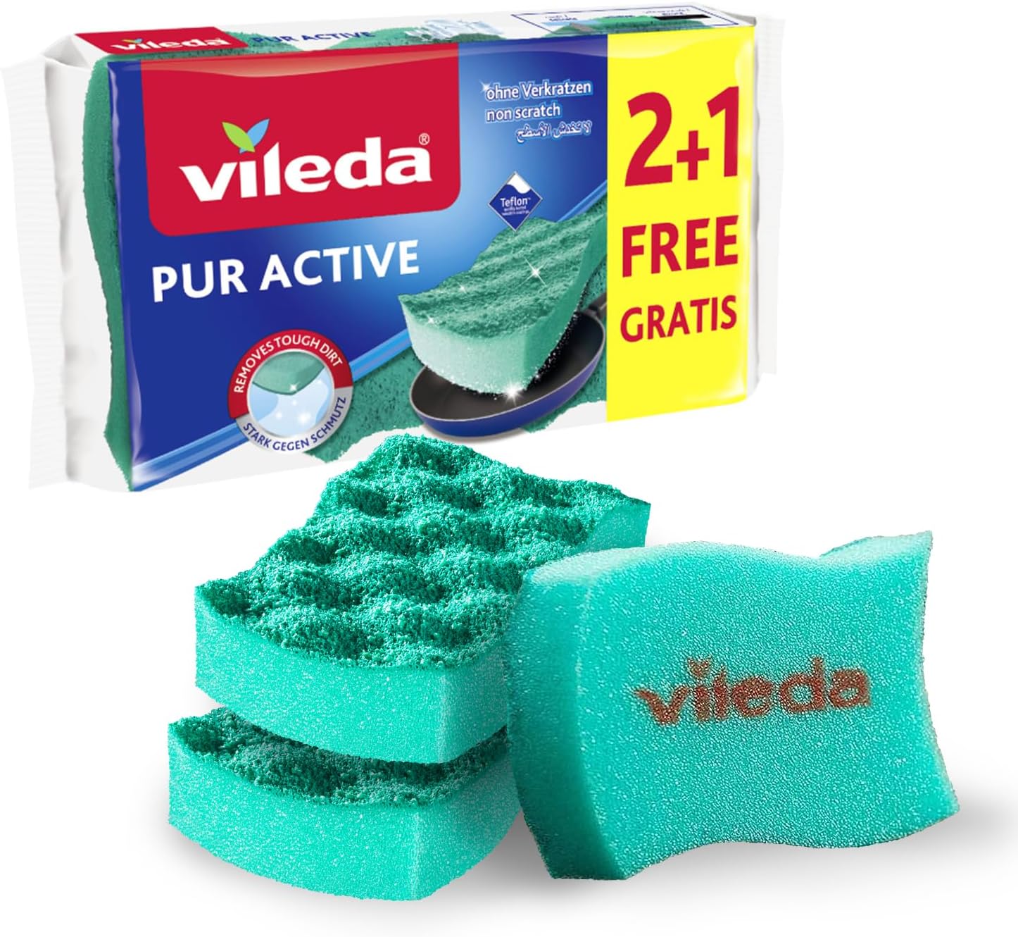 Vileda Pur Active Dishwashing Sponge, antibacterial, Teflon-friendly, Eco-friendly, Green, 3 Pcs