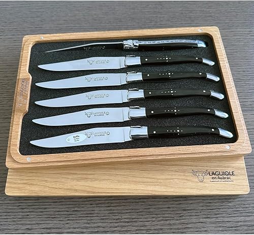 Laguiole en Aubrac L uxury: cuchillos para carne de acero inoxidable totalmente forjados, 6 piezas con mango de cuerno de búfalo, refuerzos pulidos