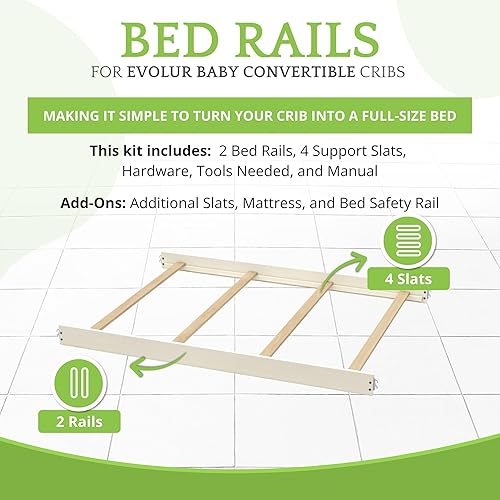 Vista 104 de Kit de conversión de tamaño completo, rieles de cama para cunas Evolur, kit convertible de cuna de madera maciza para cama de niños, rieles de Blanco
