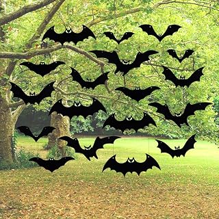 Hanging Bats Halloween Decorations Outdoor - 20 Pack Large Flying Bats 5 Different Size, Waterproof Plastic Black Bats with Glowing Eyes Hanging in Tree Outside Décor for Porch, Lawn