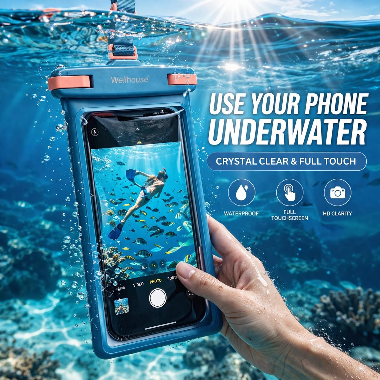 wellhouse custodia impermeabile smartphone universale con laccio IP8X per immersioni all'aperto spiaggia subacquea fino a 7,0 custodia subacquea 3D HD TPU antipolvere custodia impermeabile (Blu)