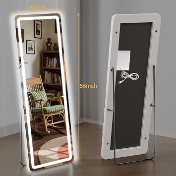 Standing Mirror Full Length with LED Lights, 56x20 Lighted Mirror with Dimming & 3 Color Lighting, Tall Mirror Full Body for Bedroom, Dressing Room
