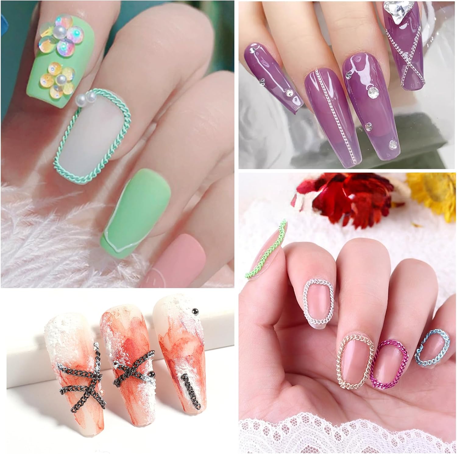 24 Strips Multicolor Nail Chains, 1 Box 24 Colors Flat Metal Chain Nail Charms, Assorted Rainbow Color Punk Gothic Nail Jewelry for Women DIY Manicure Accessories Nail Art Supplies image 3