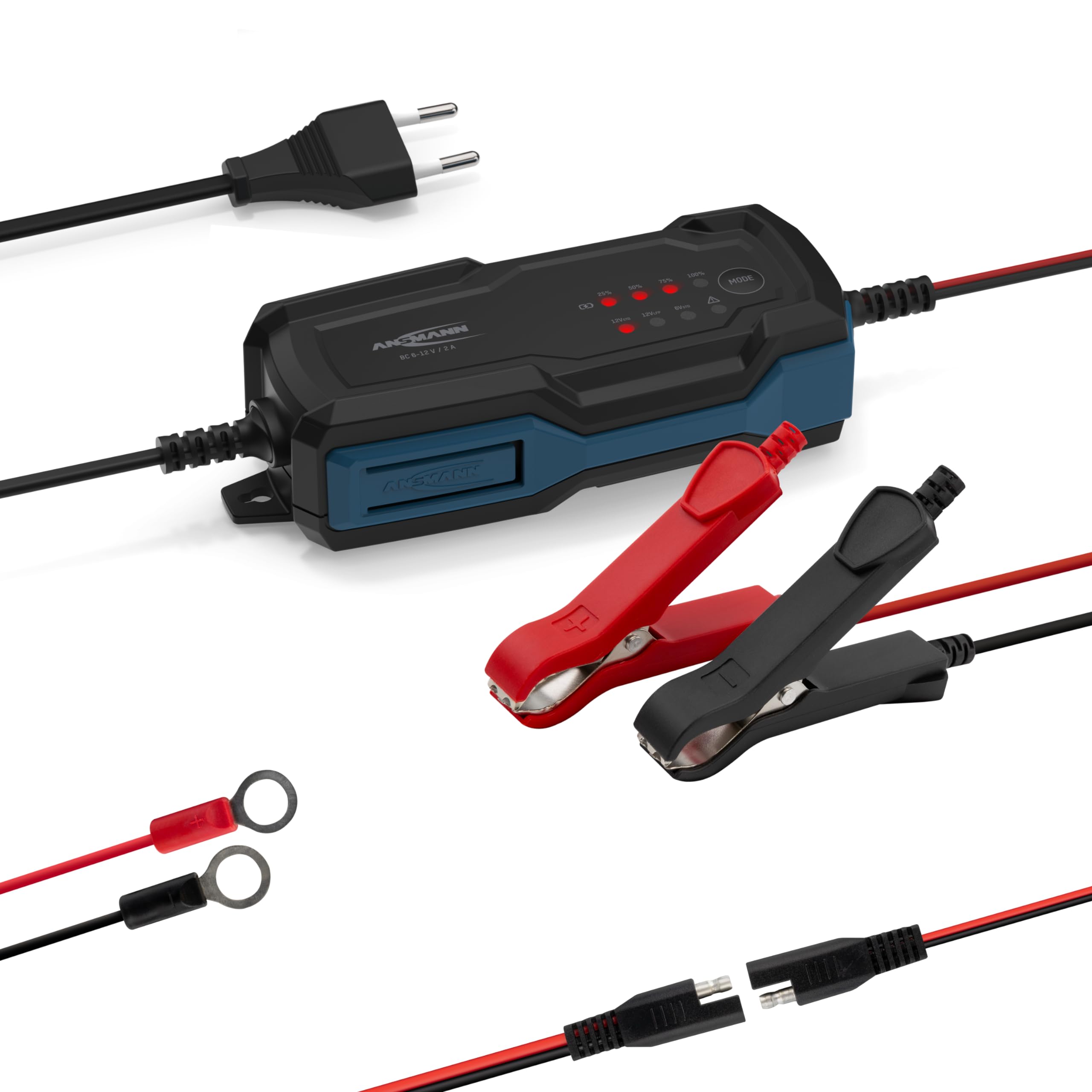 ANSMANN Chargeur Intelligent à 8 étapes 6V 12V / 2A avec écran LCD pour Batteries Plomb-Acide, Plomb-Gel et Plomb-Lies, Ainsi Que Batteries 12V LiFePo4 pour Voiture, Moto et camionnette
