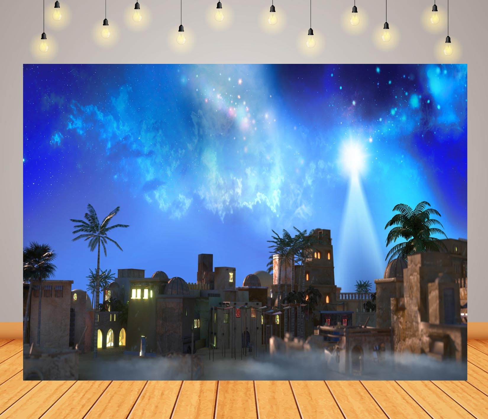 BELECO Tela 3x2,5m (10x8FT) Fondo Noche de Belén Estrella Guía Pueblo del Desierto Fondo Fotográfico para Iglesia Navidad Pesebre Fiesta Familia Niños Adultos