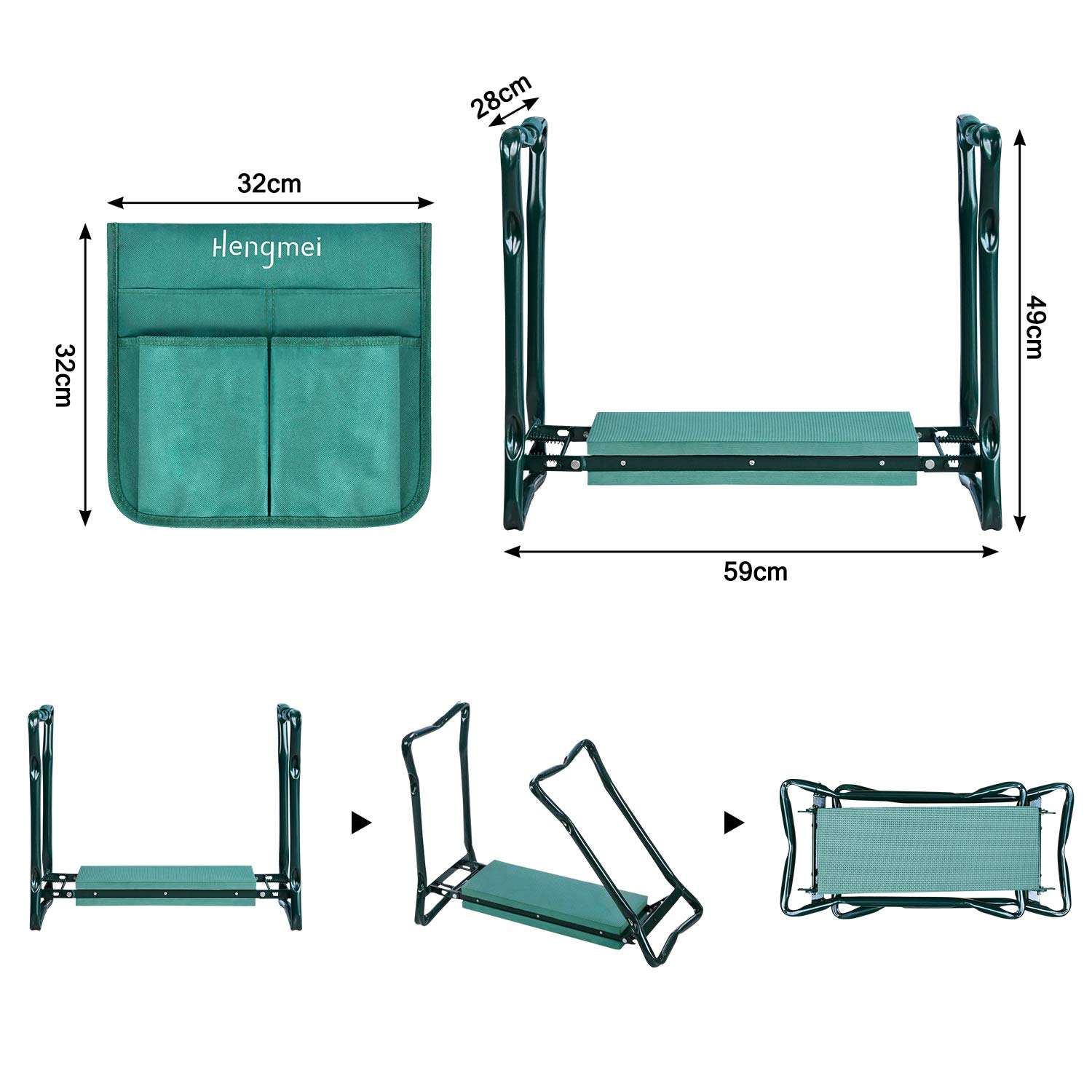 UISEBRT Banc de jardin pliable avec sac à outils pour le jardin et coussin en mousse EVA Jusqu'à 150 kg