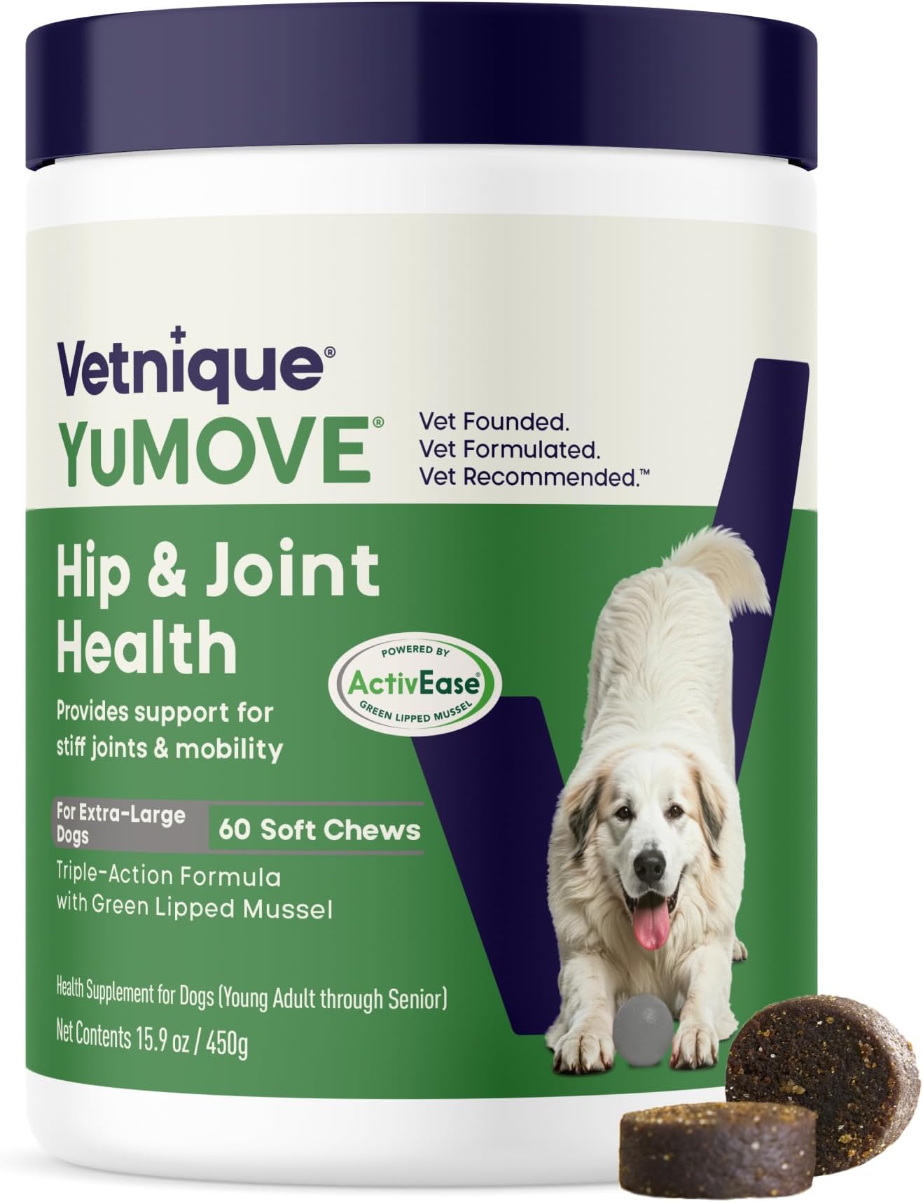Hip & Joint Supplement for Large Dogs - with Glucosamine Chondroiton, Green Lipped Mussel, Hyaluronic Acid, and Omega 3 Joint Supplement for Stiffness and Mobility - 60 Chews (Large/XL Dogs)