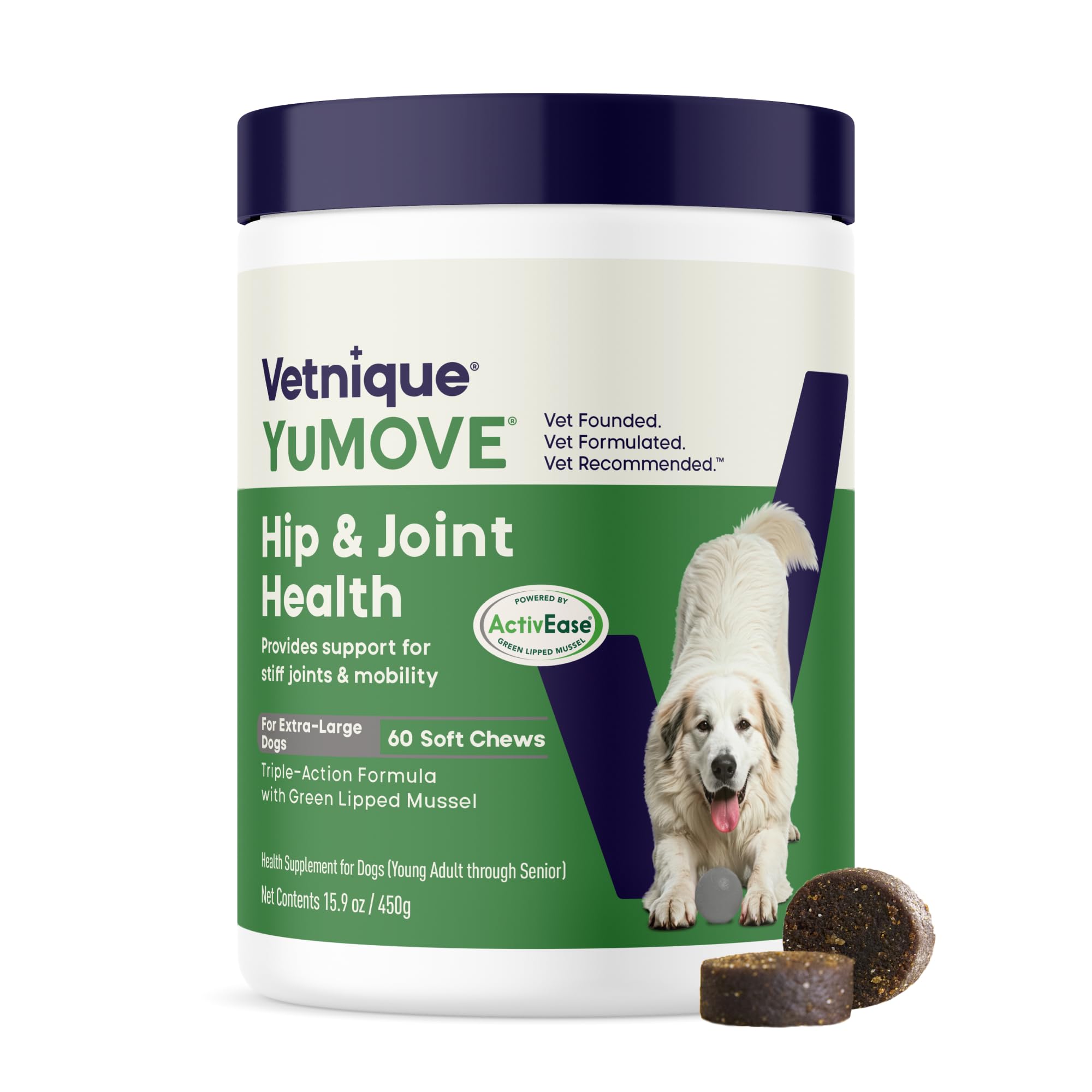 Hip & Joint Supplement for Dogs - Glucosamine, Green Lipped Mussel, Hyaluronic Acid & Omega 3 Supports Mobility & Joint Comfort 60 Chews (Large/XL Dogs)