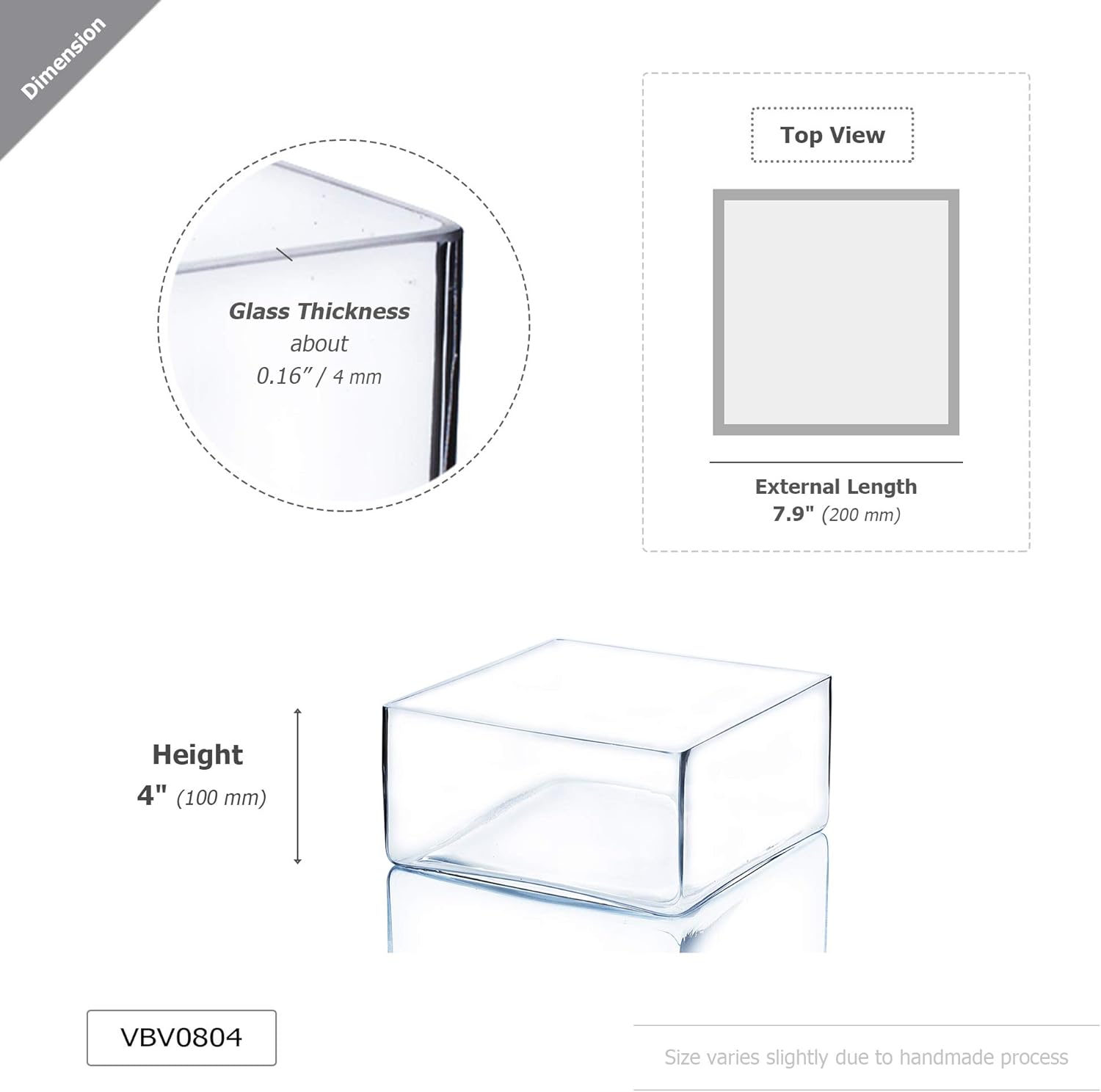 WGV Square Block Glass Vase, Length 8", Height 4", Clear Large Planter Terrarium, Floral Container for Wedding Party Event, Home Office Decor, 1 Piece