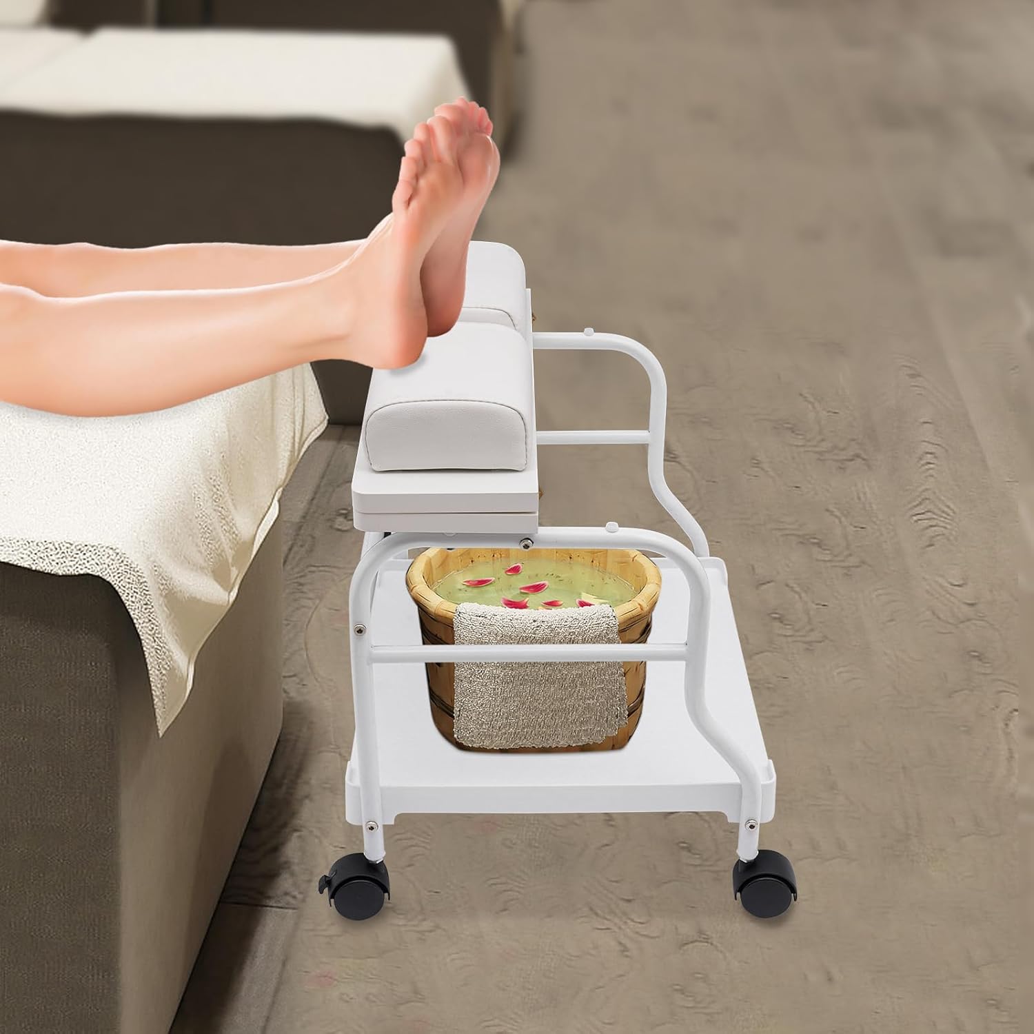 Foot Bath Spa Portable Trolley Cart for Foot Rest,Beauty Salon Nail Trolley Cart for Foot Rest Pedicure Manicure Furniture Massage Table Salon Supplies,with Wheels (White)