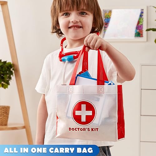 Miniatura 6 de Kit médico para niños, kit médico de juego de simulación de 16 piezas con bolsa, juego de rol de médico, estetoscopio de juguete realista, tarjetas