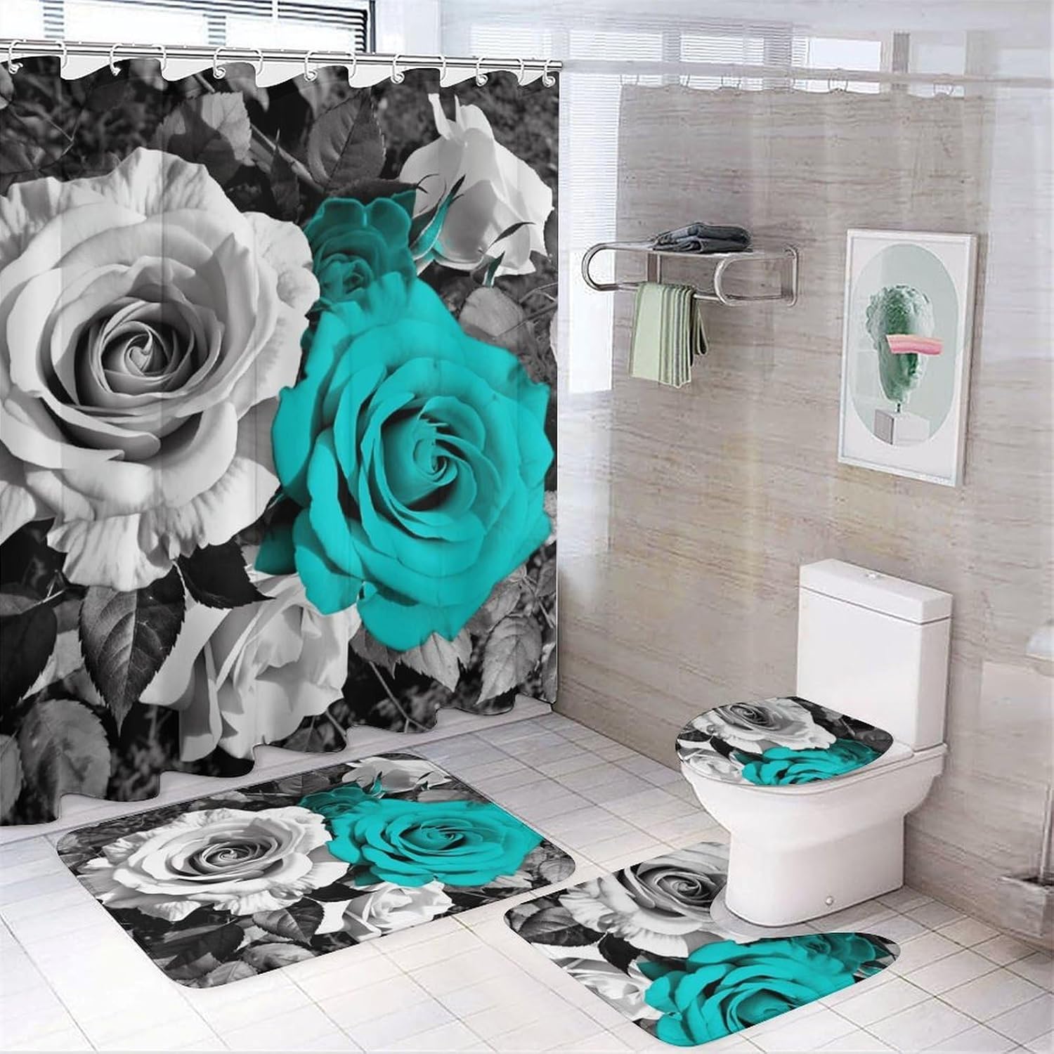 Four Piece Bathroom Set with Toilet Lid Cover and Non-Slip Rugs Minimalist Shower Curtain for Bathroom Set