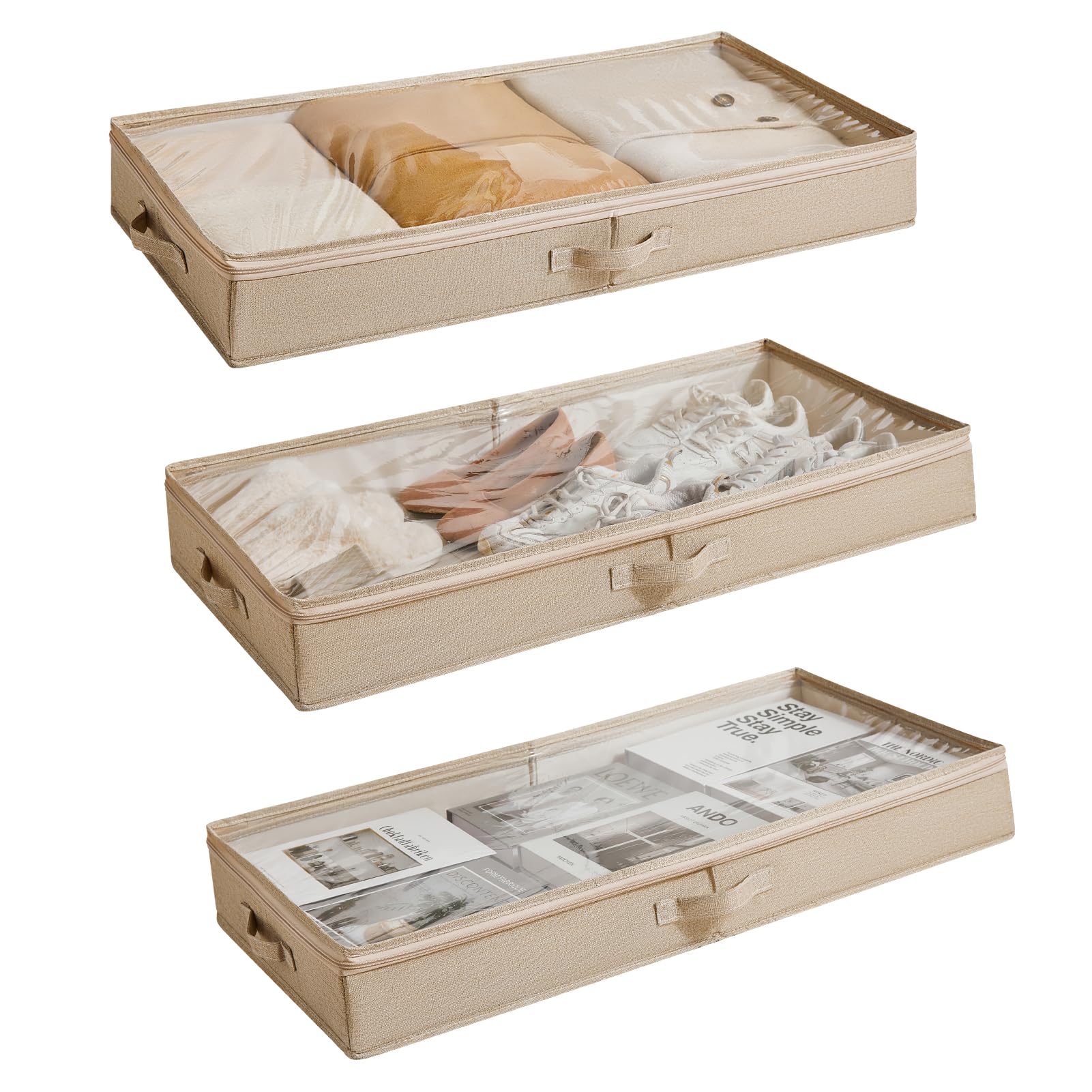 3 Pack Under Bed Storage Containers, Low Profile Underbed Shoes and Clothes Storage Organizer with Sturdy Sidewalls/Bottom, Large Dorm Storage Bins,33 * 17 * 4.5 inches,45L