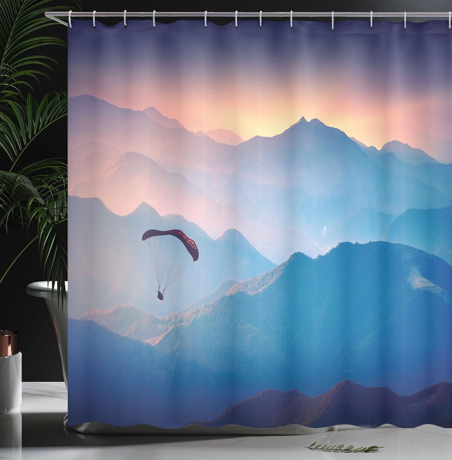 Ambesonne Sports Shower Curtain, Paraglide Flying Over Majestic Mountains Morning Valley Sunrise Sports Freedom Theme, Cloth Fabric Bathroom Decor Set with Hooks, 69" W x 70" L, Pink Blue