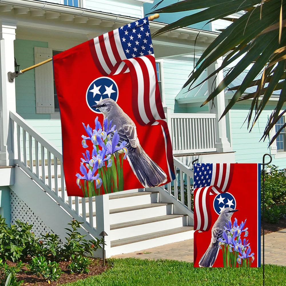American Flag-Tennessee State Mockingbird and Iris Flower Flag MLN1141Fv20, House Flag (29.5" x 39.5")-USA Flags Premium Polyester-Decorative Indoor Outdoor Flag