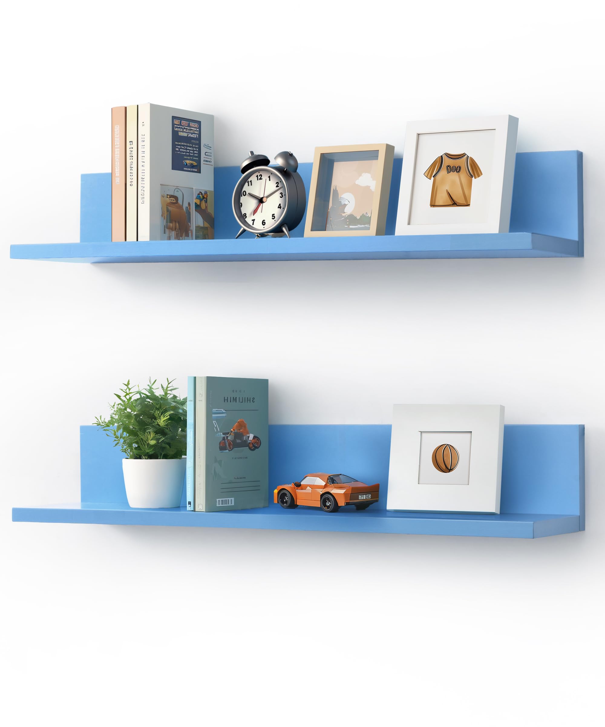 Afuly Estantes flotantes azules de 76 cm de largo para niños, decoración de guardería, madera maciza de pino moderna para guardería, dormitorio, sala de estar, oficina, plantas, juego grande de 2