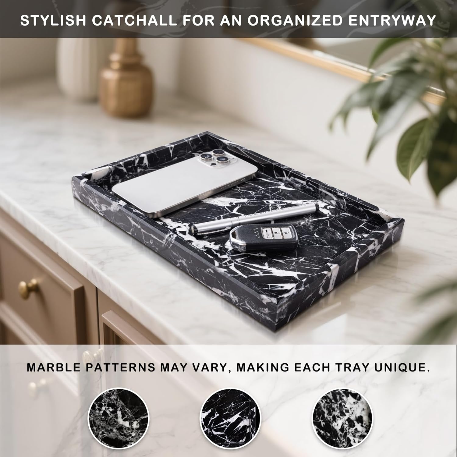 Marble Bathroom Tray for Countertop & Home Decor, Natural Decorative Marble Tray for Jewelry & Perfume Organizer, Luxury Stone Vanity Trays for Dresser, Kitchen Counter, 12" x 8", Black