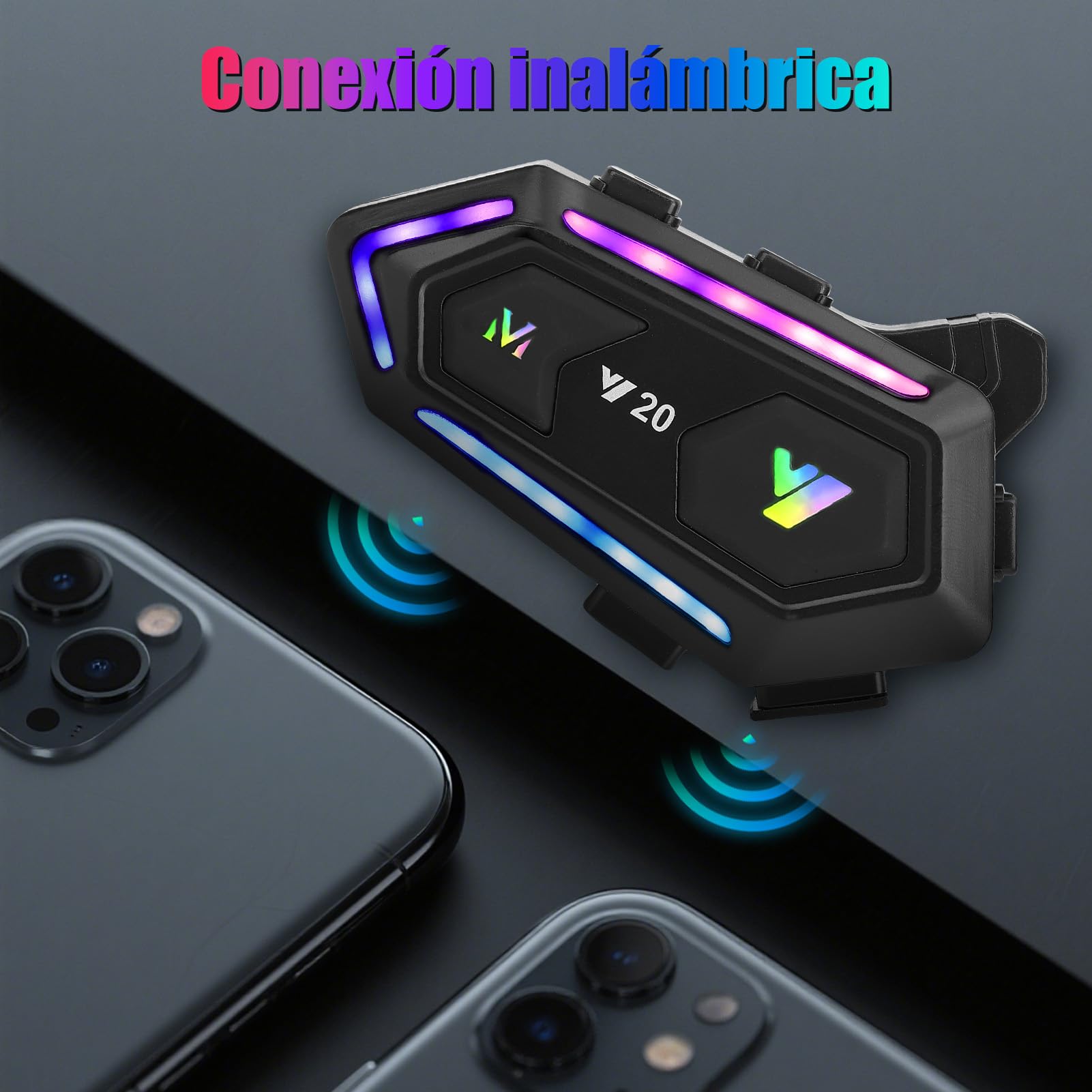 Intercomunicador de Motocicleta Casco Moto Cancelación de Ruido, Altavoz Dual, IPX6, Luces de 16 RGB, Batería de 1000 MAh, Respuesta Automática, Tecnología Inalámbrica 5.3
