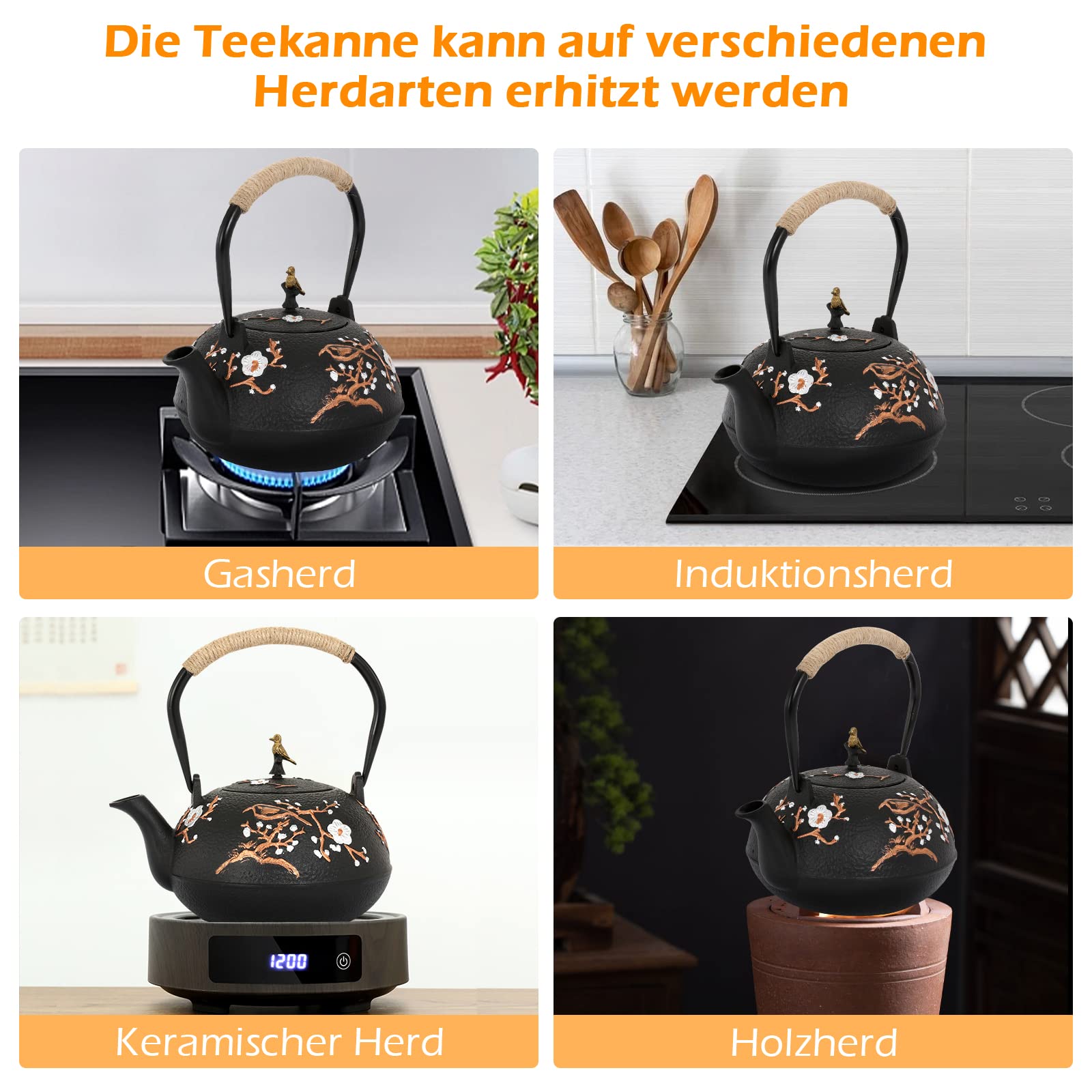 Dyna-Living Teekanne Gusseisen Set, Japanische 1,2 Liter Gusseiserne Teekanne 4 Teebecher, Basis, Edelstahl Sieb, Holzgriff Clip, Handbemaltes Elsternmotiv, Schwarz
