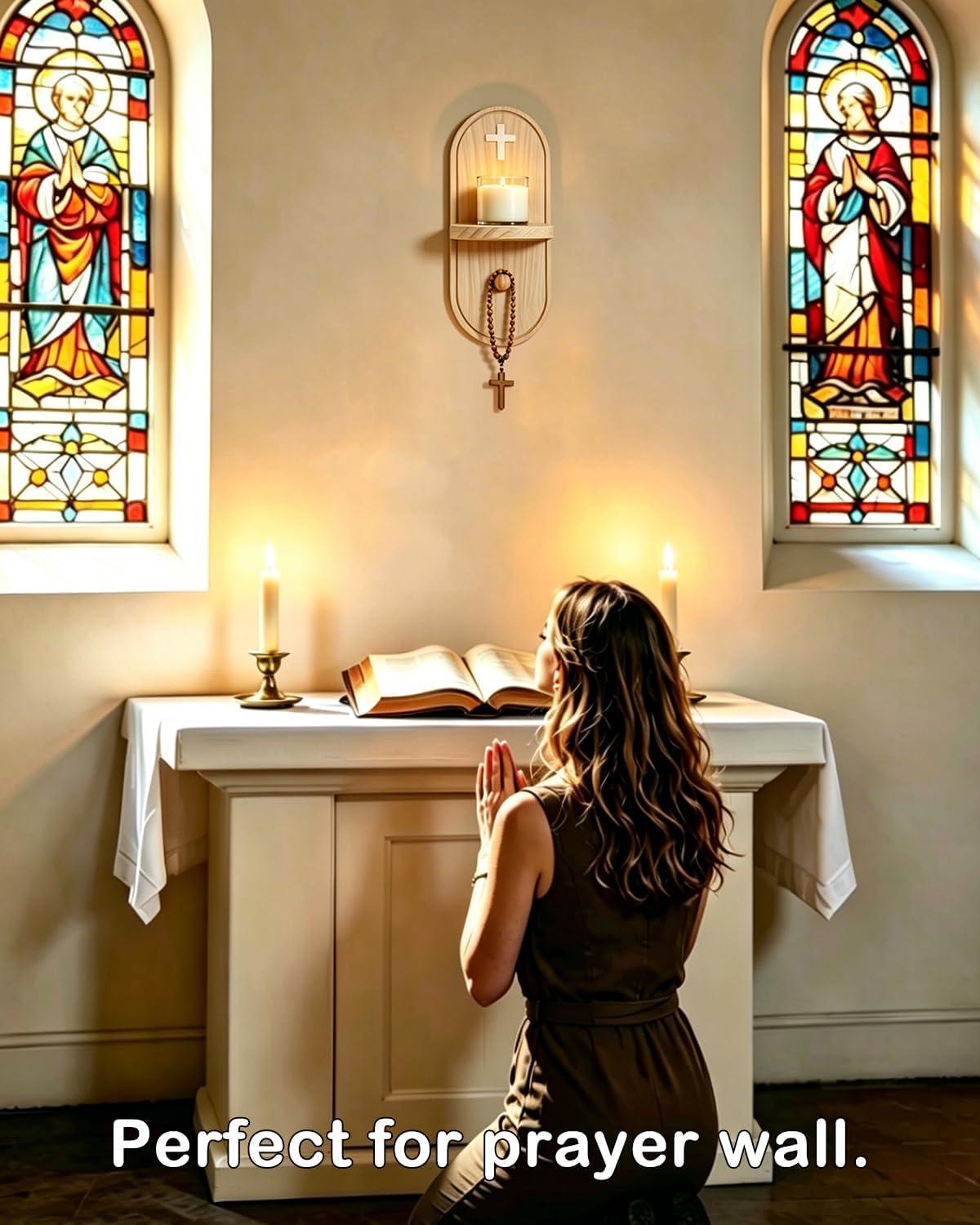 1-Pack Wood Rosary Prayer Shelf with Candle Sconce Holder with Cross Design for Prayer Corner Hanger Beads Candles Fireplace Wall Mount Shelf for Rosaries Candles Home Decor 12.2" X 5.1"X5.5"