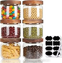 efuturetime Set of 6 Glass Jars with Airtight Lid 350 ml, Kitchen Storage Glass Jars Stackable Glass Jars with Wooden Lids for Cereals Beans Tea