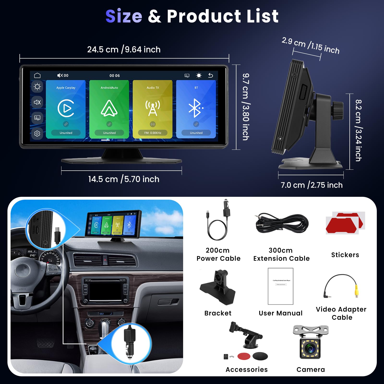 Hodozzy Bezprzewodowy ekran samochodowy Carplay z systemem Android, 10,26 cala, przenośne radio samochodowe Bluetooth z ekranem dotykowym IPS, EQ/Airplay, sterowanie głosem, nadajnik AUX/TF/FM +