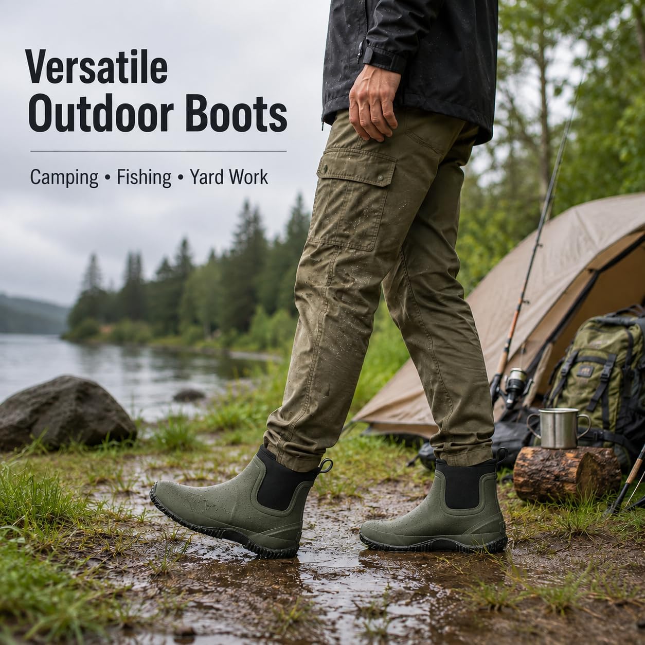 Unisex Waterproof Garden Boots for Men and Women, Ankle Rain Boots with Anti-Slip Rubber Sole, Easy Slip-On Chelsea Outdoor Boots for Gardening, Yard Work, Fishing, Camping, Walking Dog