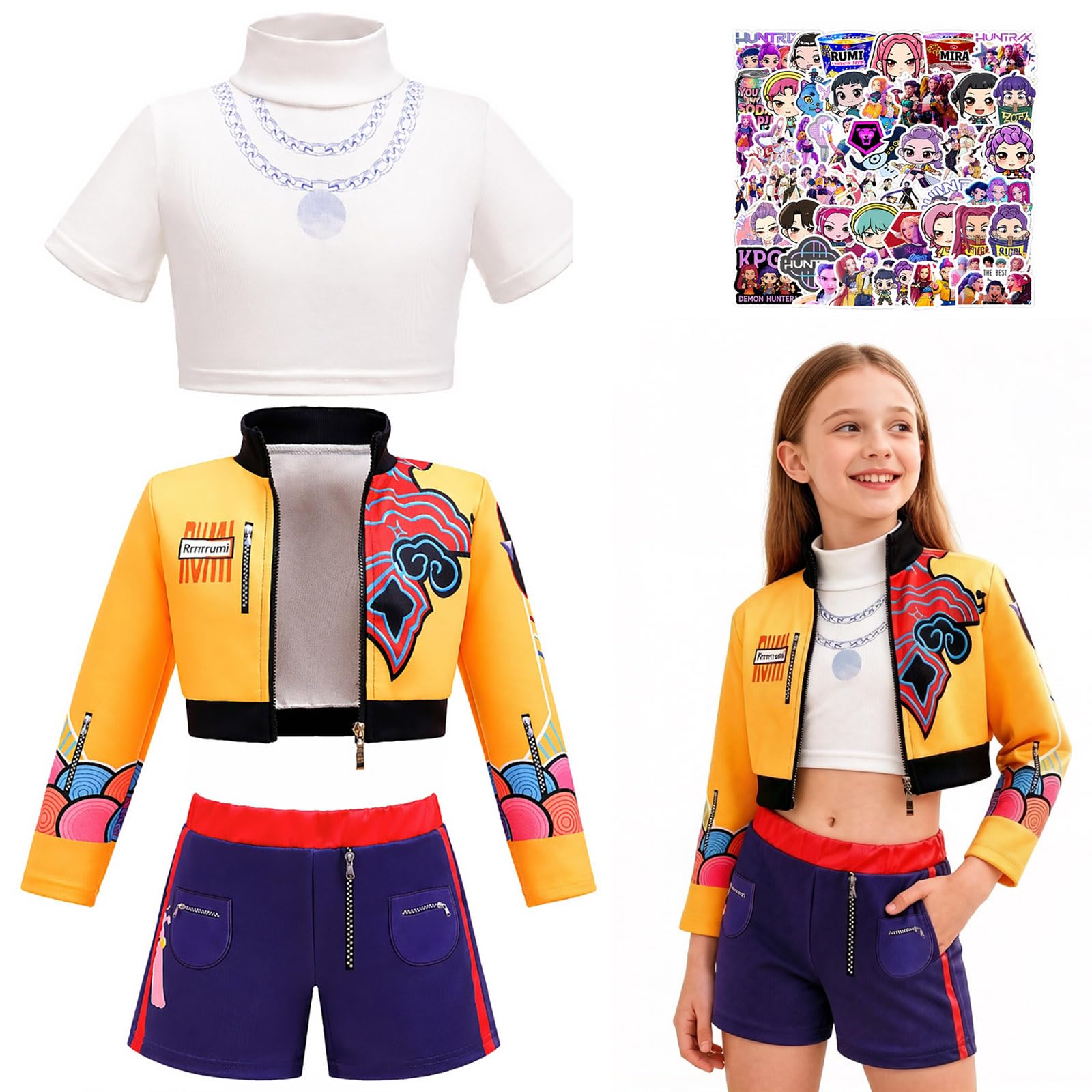 Simsky Anime Cosplay Kostüm für Mädchen, Idol Sängerin Outfit Set, Bühnenkleid mit Jacke, Hose und Aufklebern, Karneval Fasching Party Anzug für Teenager